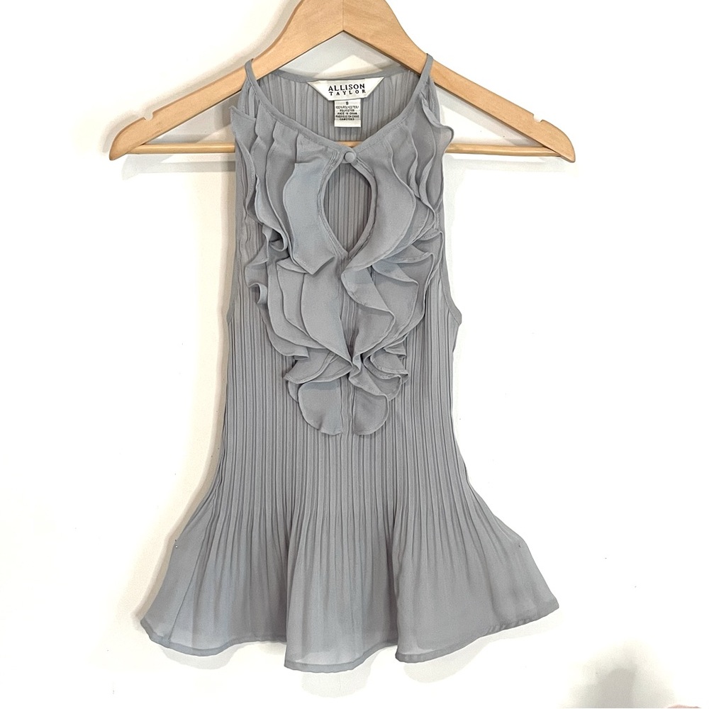 Soft Blue Pleated Ruffle Front Tank Top